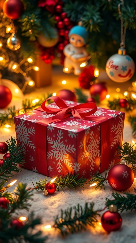 A festive Christmas gift box with decorations, symbolizing thoughtful gift ideas for a wife.